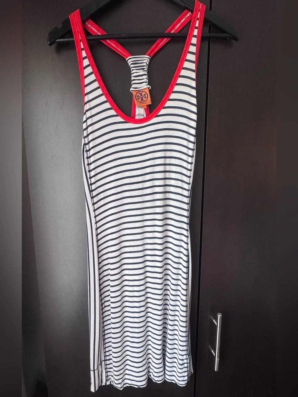 Tory Burch White and Navy Striped Midi Dress with Red Trim